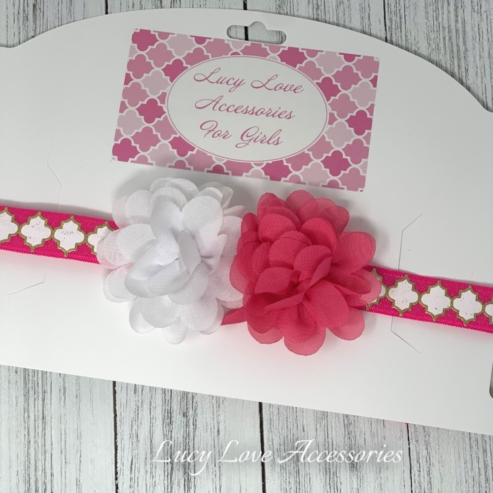 Handmade hot pink & white headband. Made to fit.